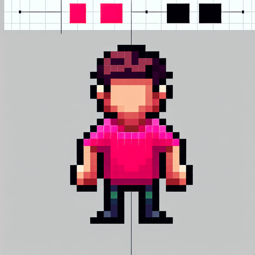 8bit character. Pink tshirt. Seen from the sky. Only see head and arms. Single Game Texture. In-Game asset. 2d. Blank background. High contrast. 
Single Game Texture. In-Game asset. 2d. Blank background. High contrast. No shadows. Single Game Texture. In-Game asset. 2d. Blank background. High contrast. No shadows.