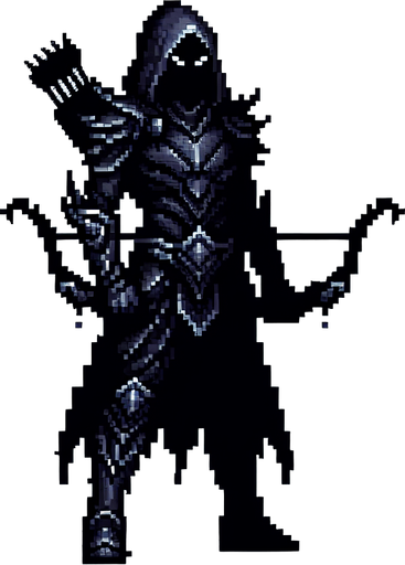 create me a 2d pixel dark archer.
Single Game Texture. In-Game asset. 2d. Blank background. High contrast. No shadows.