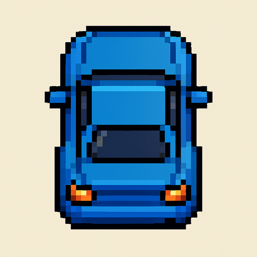 Pixel art mavi araba kuş bakışı.
In-Game asset.  2d.  High contrast.  No shadows