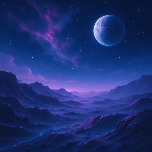 a futuristic space landscape. only one small planet visible in the sky.
No flying objects