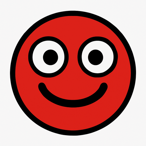 Red ball with two white eyes, inside the eyes are medium sized black dots, and a black smiley mouth.
In-Game asset.  2d.  High contrast.  No shadows