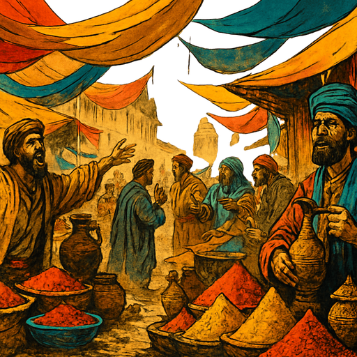 A dusty medieval trade bazaar with exotic goods, traders shouting, spices in the air, colorful fabrics blowing in the wind, realistic.
In-Game asset.  2d.  High contrast.  No shadows
