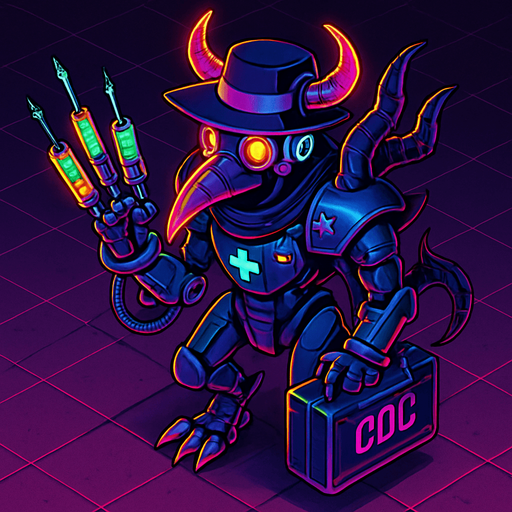 Neon cyberpunk anime top down isometric animatronic plague doctor cyborg demon medic CDC corporate robot monster disease pestilence medicine syringes