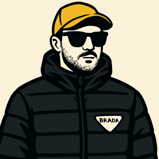siyah renk prada montlu bir adam görseli oluştur , bu montu giyen adam sarı şapkalı , siyah güneş gözlüklü , hafif kirli sakallı bir tip olsun. prada yerine görselde "BRADA" yazsın
In-Game asset.  2d.  High contrast.  No shadows