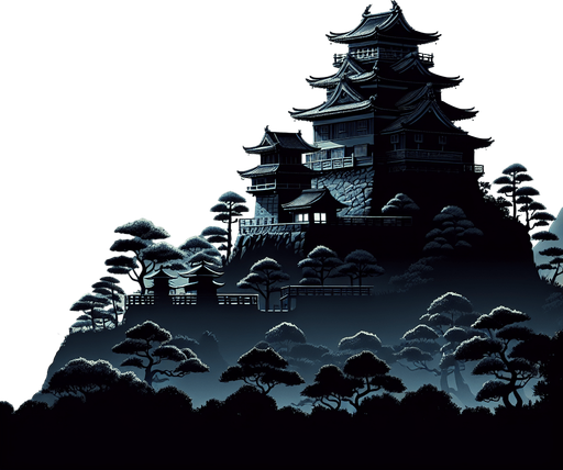 2d image. ancient meiji castle japan at night on full moon.
Single Game Texture.  In-Game asset.  2d.  Blank background.  High contrast.  No shadows. 2d image. full moon night. ancient temple meiji castle. surround of japanese forest