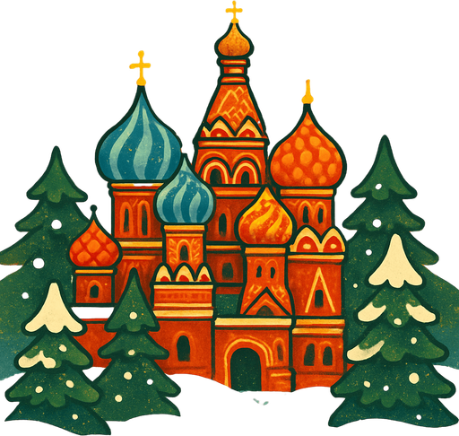 A snowy cartoon scene with colorful onion domes (like Saint Basil’s Cathedral), pine trees, and a festive winter vibe. Use a folk style with warm lighting. Perfect for a balalaika music level..
In-Game asset.  2d.  High contrast.  No shadows