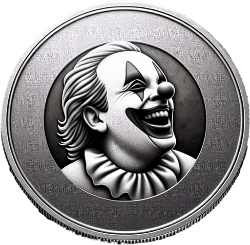 silver coin with clown image.
Single Game Texture.  In-Game asset.  2d.  Blank background.  High contrast.  No shadows