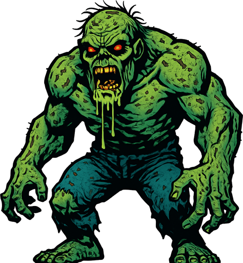 bana büyük bir zombi yap ama yine ağızında salyalar olsun dağınık olsun ve güçlü dursun.
In-Game asset.  2d.  High contrast.  No shadows