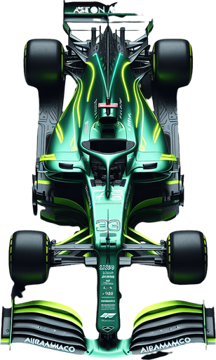 Photorealistic Aston Martin f1 race car, top view. 
Hex Codes: Color #229971	RGB 34,153,113 
Neon yellow arcs on body sides. 
White "Airamco" text on rear wing.