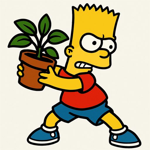 Bart holding a pot with a plant and is about to throw it.
In-Game asset.  2d.  High contrast.  No shadows