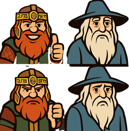 Divide the screen by 4. Every 4 frames, there is characters. Left side 2 frames, there is Gimli and Gandalf. They are smiling and one hand make thumb up. Right side 2 frames same Gimli and Gandalf here but they are sad and one hand make thumb down. In-Game asset. 2d. High contrast. No shadows.
In-Game asset.  2d.  High contrast.  No shadows