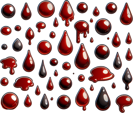 Many blood drop.
Single Game Texture.  In-Game asset.  2d.  Blank background.  High contrast.  No shadows. 3d