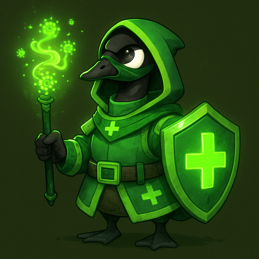 A Canadian Goose in Green Glowing Anti Virus Outfit Armed with anti virus magic.
In-Game asset.  2d