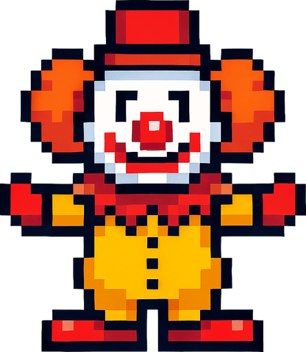 Create pixel art clown with no background.
In-Game asset.  2d.  High contrast.  No shadows