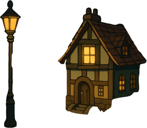 Create a detailed visual description or conceptual overview of a town at nighttime, featuring a house with a light on. The style should emulate the aesthetic and atmosphere typical of the Professor Layton game series, characterized by a charming, slightly whimsical, and puzzle-adventure ambiance with warm, inviting lighting and intricate, storybook-like details.

# Steps

1. Begin by envisioning a quaint town at night, with subdued lighting and a peaceful, mysterious aura.
2. Highlight a single house with a light on in a window, symbolizing activity or a story element.
3. Incorporate elements characteristic of the Professor Layton style: warm color palettes, soft glows, gently stylized architecture, and intricate details reminiscent of handcrafted illustrations.
4. Emphasize atmosphere — combine tranquility with a hint of intrigue suitable for an adventure puzzle setting.
5. Optionally, include natural elements like trees or lampposts that match the game's stylistic choices..
In-Game asset.  2d.  High contrast.  No shadows