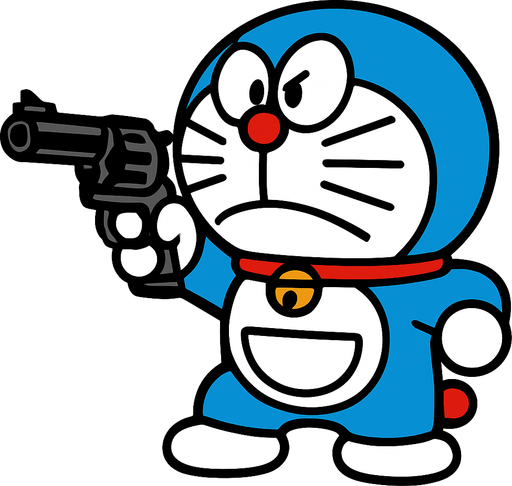 Doraemon shooting a gun.
In-Game asset.  2d.  High contrast.  No shadows