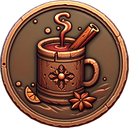 mulled wine coin embossed on it png.
Single Game Texture. In-Game asset. 2d. Blank background. High contrast. No shadows.