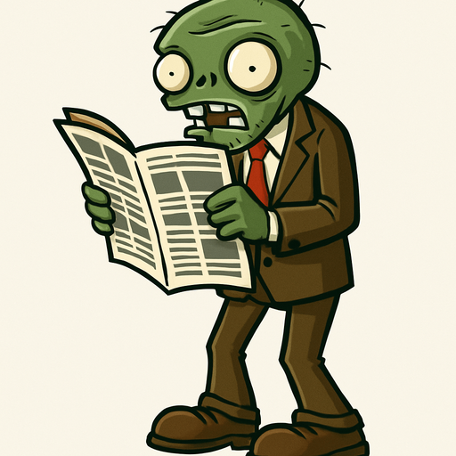 zombie leyendo un periodico con traje en cuerpo completo de pvz.
In-Game asset.  2d.  High contrast.  No shadows
