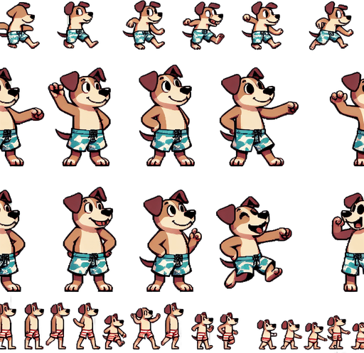 A spritesheet with a number of poses of an happy little dog in swimming trunks, smiling, walking, waiting, standing, ordering, turning, etc. all seen from the side.The spritesheet should be laid out in a rectangular grid with clear space between each individual sprite. Each sprite in the sheet should be around 300x600 pixels in size..
Single Game Texture. In-Game asset. 2d. Blank background. High contrast. No shadows.
