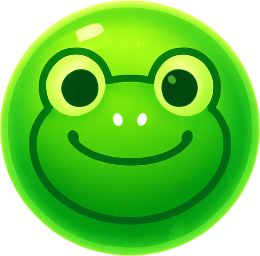 A green bubble with a cartoon frog face, glowing softly, top-down view, mobile puzzle game sprite.
In-Game asset.  2d.  High contrast.  No shadows