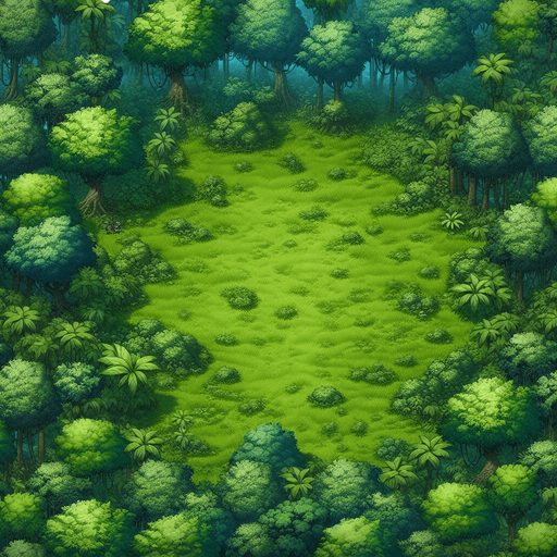 It's a 2D planar background. It's a jungle with green grass growing all over the ground and thick forests surrounding it..
Single Game Texture. In-Game asset. 2d. Blank background. High contrast. No shadows.