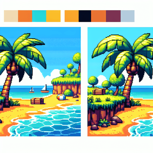 pixelart cartoon beach schene. just the beach and a big palm tree. no background..
Single Game Texture. In-Game asset. 2d. Blank background. High contrast. No shadows.