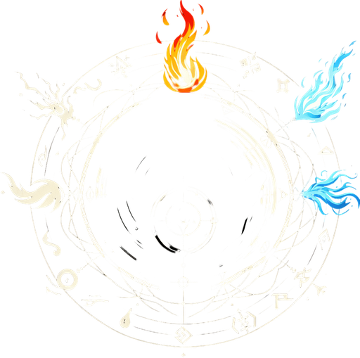 A hand silhouette centrally placed, with symbolic representations of different elements (fire, ice/water, lightning/wind) swirling around it or emanating from the fingertips. Could also be intersecting elemental runes..
Single Game Texture.  In-Game asset.  2d.  Blank background.  High contrast.  No shadows