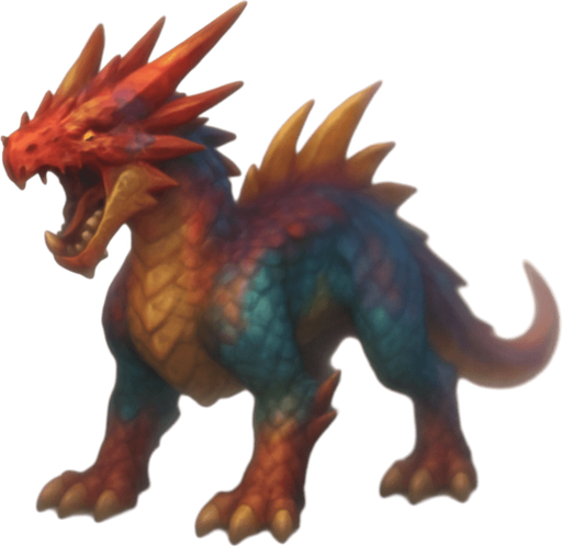 Different standing dragon on four legs, looking down. have mixed colors. Blur. the dragon is opened mouth like he is ready to shout. 
Single Game Texture. In-Game asset. 3D. Blank background. High contrast. No shadows.
