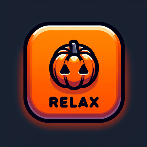 button that says relax in orange, black outline of the letters. high contrast. has a pumpkin on it
Single Game Texture. In-Game asset. 2d. Blank background. High contrast. No shadows.