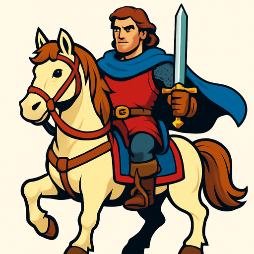 a hero man on the horse character image.
In-Game asset.  2d.  High contrast.  No shadows