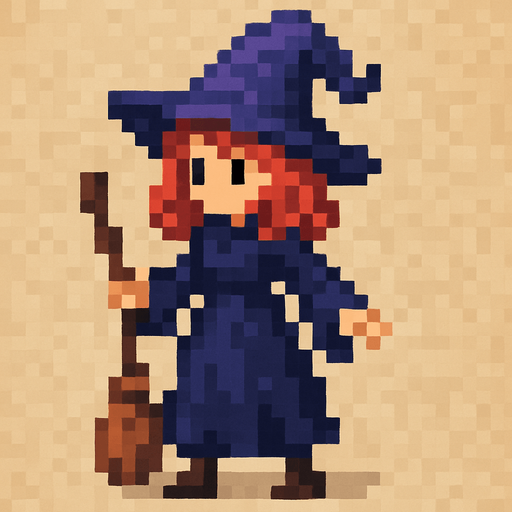 a witch with red head and purple hat..
pixel art. full body
