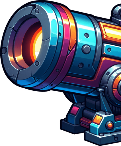 Type: 2D sprite (top-down or side view).
Style: Cartoonish or futuristic metallic cannon. colorful mixed colors
Animation: Slight recoil effect when shooting.
Size: Medium (fits at the bottom of the screen)..
Single Game Texture.  In-Game asset.  2d.  Blank background.  High contrast.  No shadows