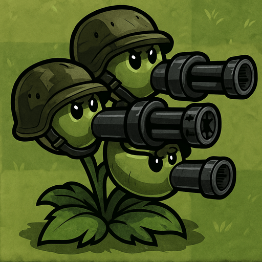 Triple lanza guisantes del videojuego plantas vs zombies fusion con cascos militares y boca de metralletas.
In-Game asset.  2d.  High contrast