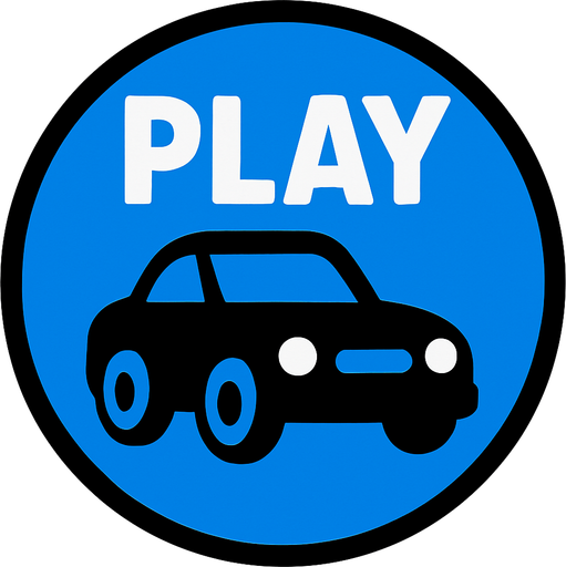 Usntunde play yazan araba temali mavi bir dugme.
In-Game asset.  2d.  High contrast.  No shadows