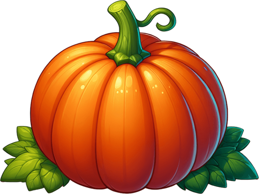 A lush pumpkin at the foot of its green stalk..
Single Game Texture. In-Game asset. 2d. Blank background. High contrast. No shadows.