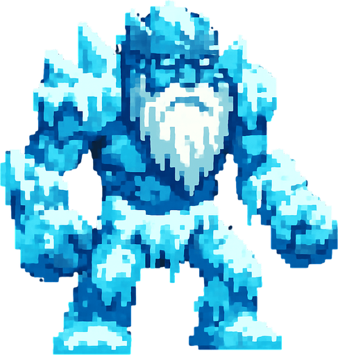 buz golemi (sakalıı buz güzlü  kar gibi yerleri olan ama buz olan yerleride olan ) pixel art bide.
In-Game asset.  2d.  High contrast.  No shadows