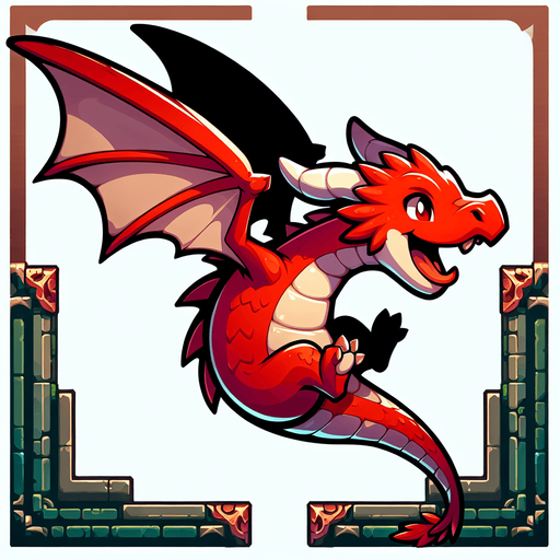 Cute toony red cool dragon in flight sideview.
Single Game Texture. In-Game asset. 2d. Blank background. High contrast. No shadows.
