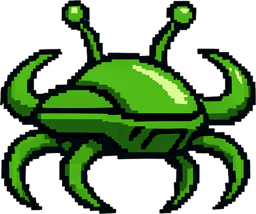 green crab style alien ship. side scroller image.
In-Game asset.  2d.  High contrast.  No shadows