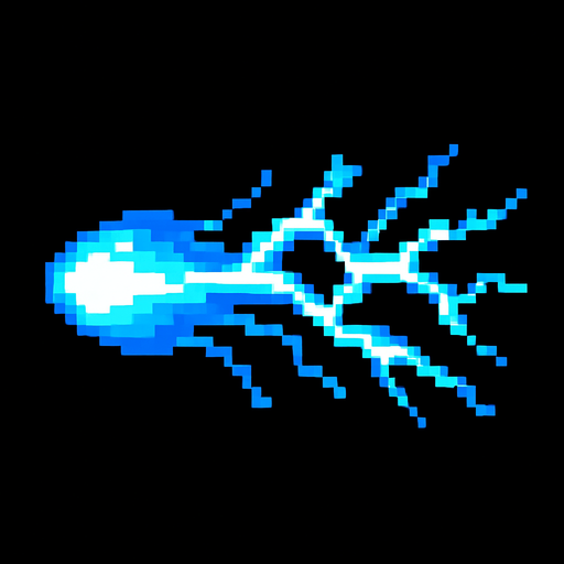 Un proyectil de electricidad pixelar.
In-Game asset.  2d.  High contrast.  No shadows