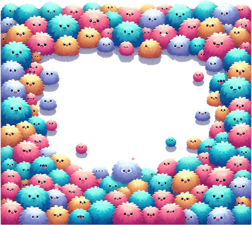 Background for hyper casual puzzle game. a large area covered with thousands of tribble. a furry cuddly ball of fluff. multicouloured. startrek. little cartoon style faces on each of them. Pastel colors, flat shaded, vector art. Single Game Texture. In-Game asset. 2d. Blank background. High contrast. No shadows Single Game Texture. In-Game asset. 2d. Blank background. High contrast. No shadows.