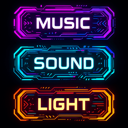 Buttons assets with same colors and shape with text 'music', 'sound', 'light'. cyberpunk. abstract. futuer. different colors. HD colors.
In-Game asset.  2d.  High contrast.  No shadows