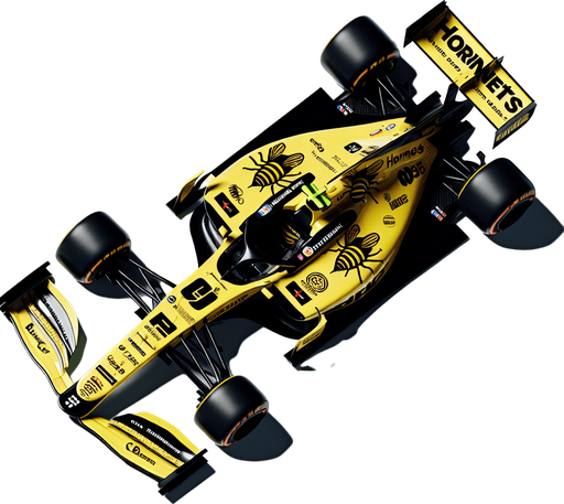 F1 race car from 2001. Yellow body with black sponsors and hornet logos with MasterCard sponsor. TOP VIEW!.
Single Game Texture. In-Game asset. 2d. Blank background. High contrast. No shadows.