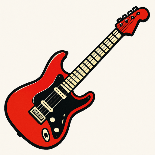 kırmızı renkli elektro gitar yan dursun çalmaya hazır gibi görünsün.
In-Game asset.  2d.  High contrast.  No shadows