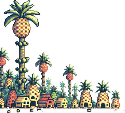 Create a minimal and stylized 8-bit pixelated background of an alien village made of pineapple-shaped huts, viewed from a distance so the buildings appear small and occupy a small lower part of the background. The sky should be light blue and occupy the majority of the image, with the huts constructed from various fruits and having primitive shapes. Use a softer color palette to ensure the background does not distract from the main game elements, capturing the essence of classic 8-bit era video games.
Single Game Texture. In-Game asset. 2d. Blank background. High contrast. No shadows.