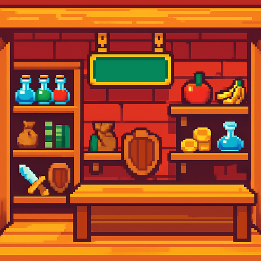 pixel shop background.
In-Game asset.  2d.  High contrast.  No shadows