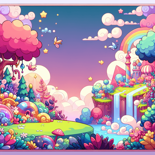 a magical landscape of wonder and joy.
Single Game Texture. In-Game asset. 2d. Blank background. High contrast. No shadows.