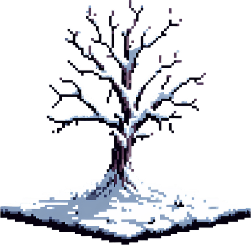 pixel art of a dead tree covered in snow. Single Game Texture. In-Game asset. 2d. Blank background. High contrast. No shadows.