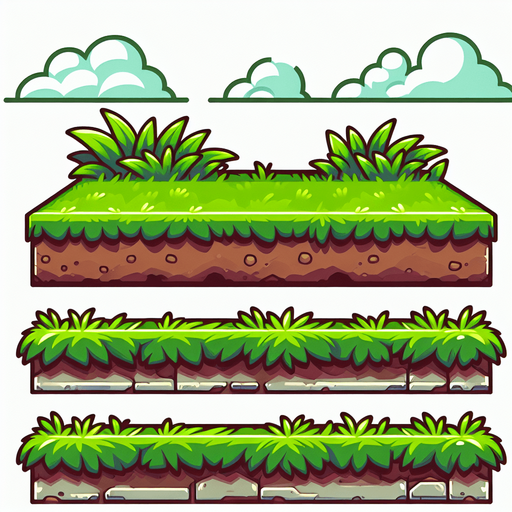 Side view of a Sidescroll Horizontal Grassy Ground path.
Single Game Texture. In-Game asset. 2d. Blank background. High contrast. No shadows. Cartoon style