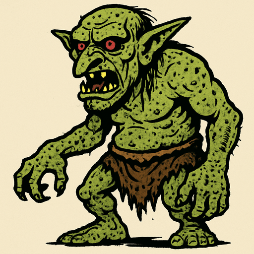 Büyük barbar vahşi pis bir goblin yeşil solgun derili.
In-Game asset.  2d.  High contrast.  No shadows