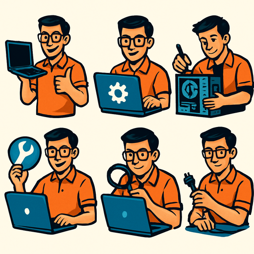 Bilgisayar teknikeri personel, 6 farklı resim olsun..
In-Game asset.  2d.  High contrast.  No shadows